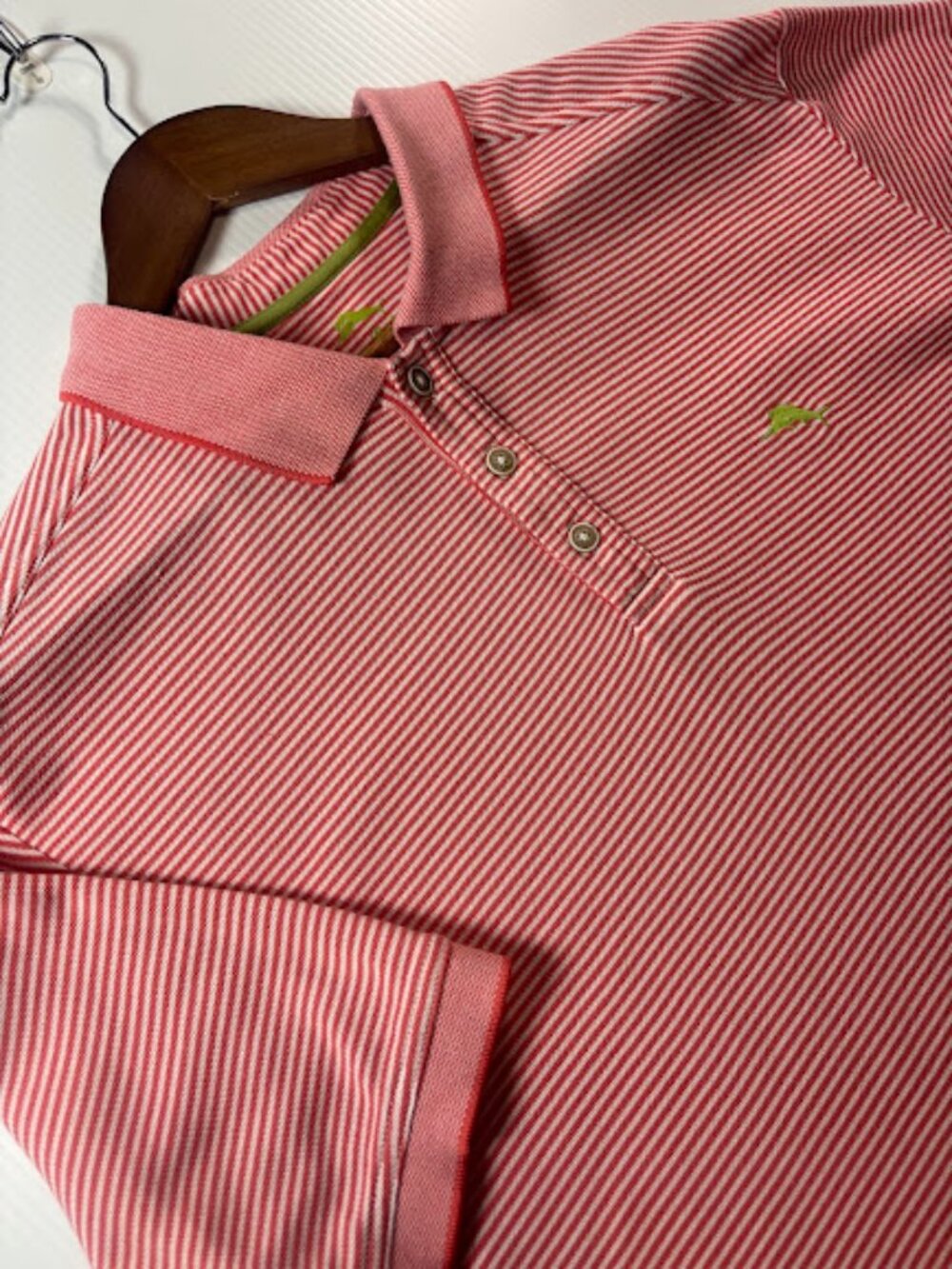 Tommy Bahama Men’s XL Short Sleeve Salmon & White Striped Piquet Cotton Polo